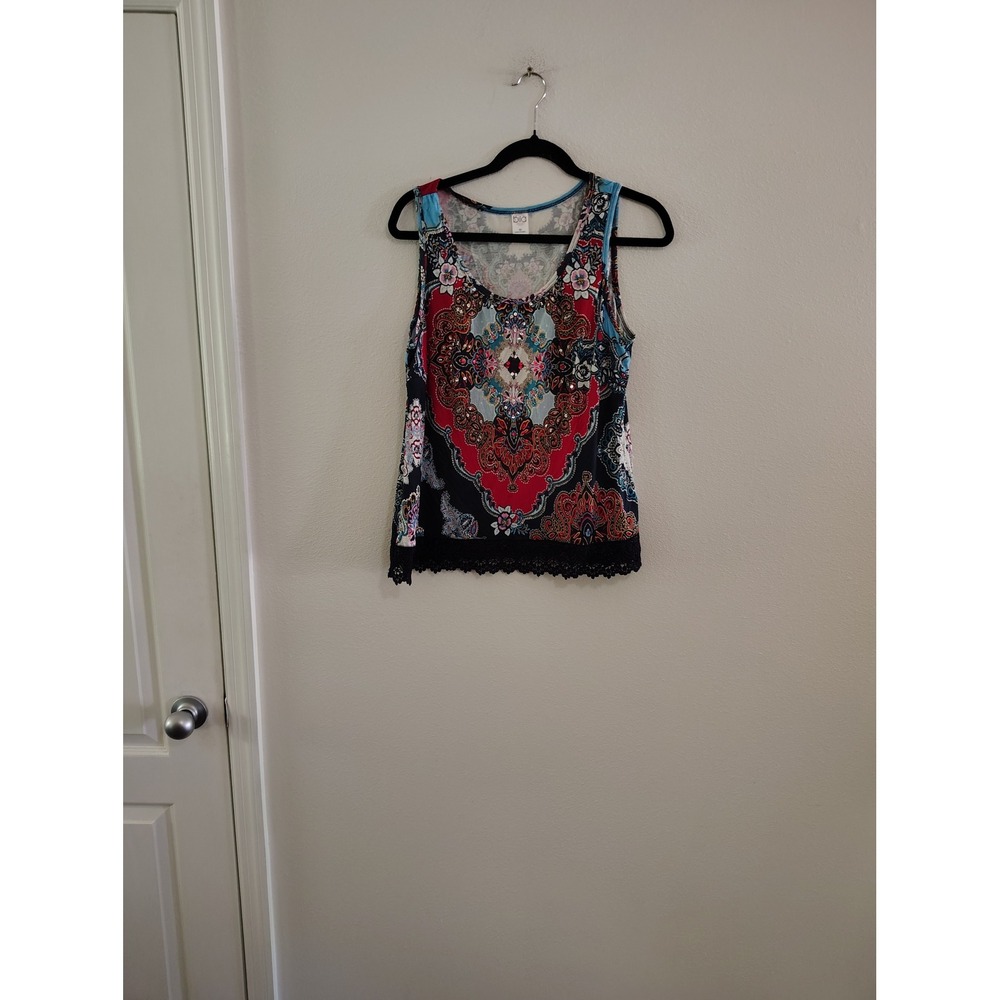Bila Womens Medium Boho Medallion Paisley Print Sleeveless Tank Top Lace Hem Red
